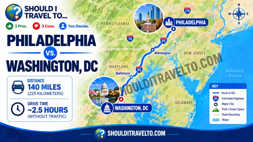 map of distance between Philadelphia and Washington, DC, for first time visitors