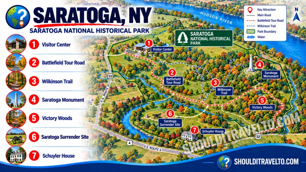 map of the Saratoga National Historical Park for first time visitors