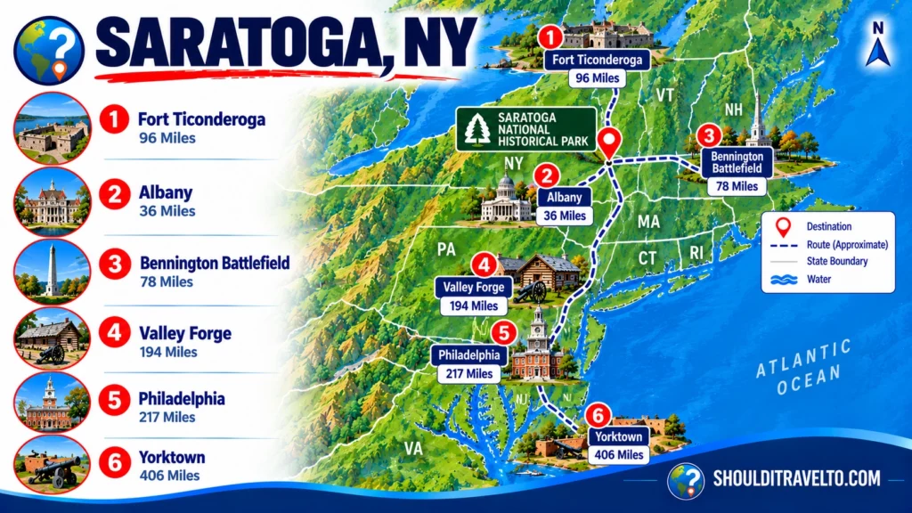 map of nearby destinations to Saratoga, New York for first time visitors