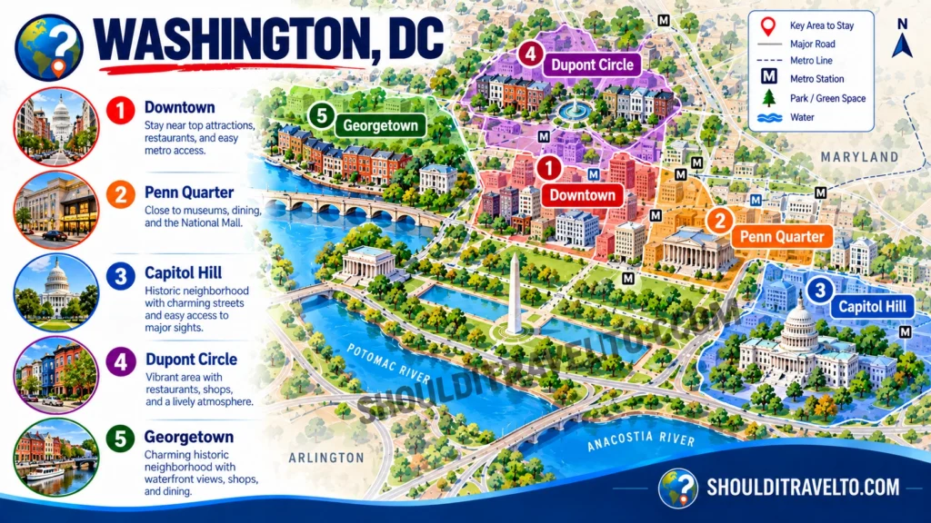 map of places to stay in Washington, DC, for first-time visitors