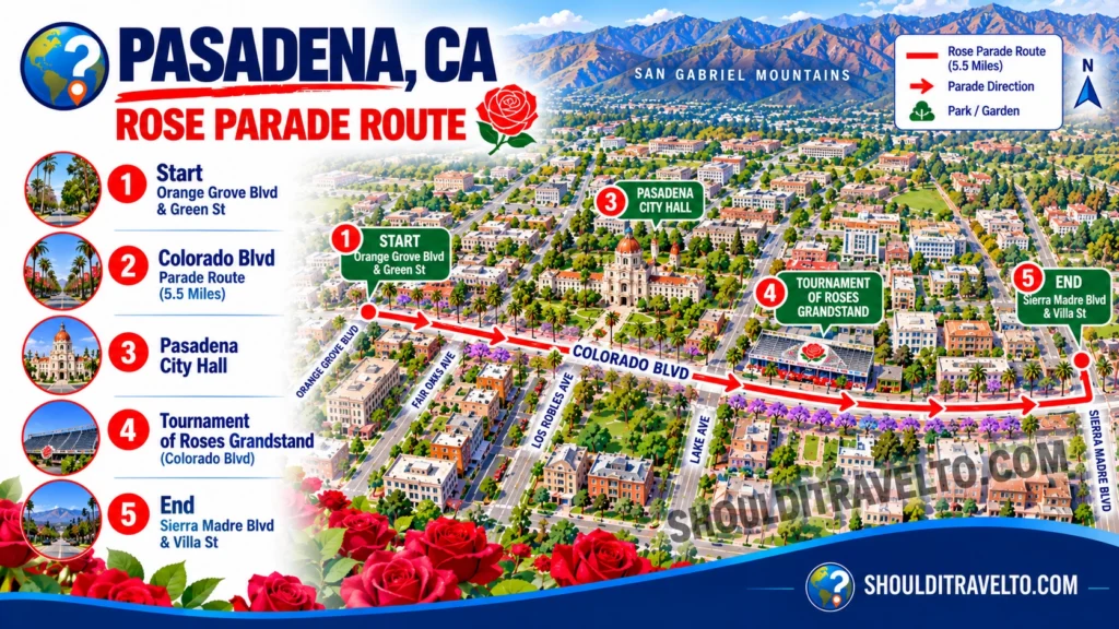 map of Rose Parade in Pasadena, CA, for first time visitors